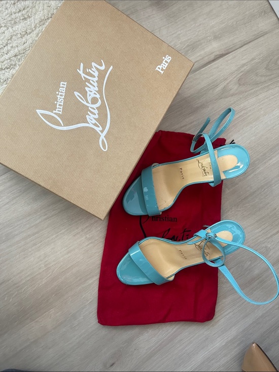 Christian Louboutin Shoes - Christian Louboutin Teal Patent Leather Open-Toe Ankle-Strap Heels